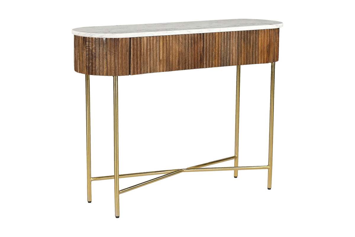 Gideon console table in walnut with white marble top and aged gold legs, three-quarter view