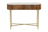 Gideon walnut console table with aged gold legs, front view