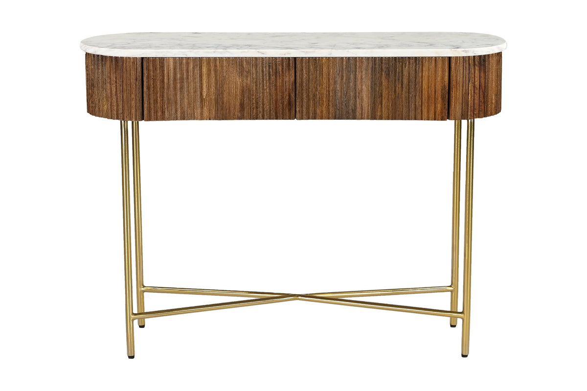 Gideon walnut console table with aged gold legs, front view