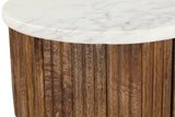 Close-up of Gideon walnut-finish reeded mango wood under the white marble top
