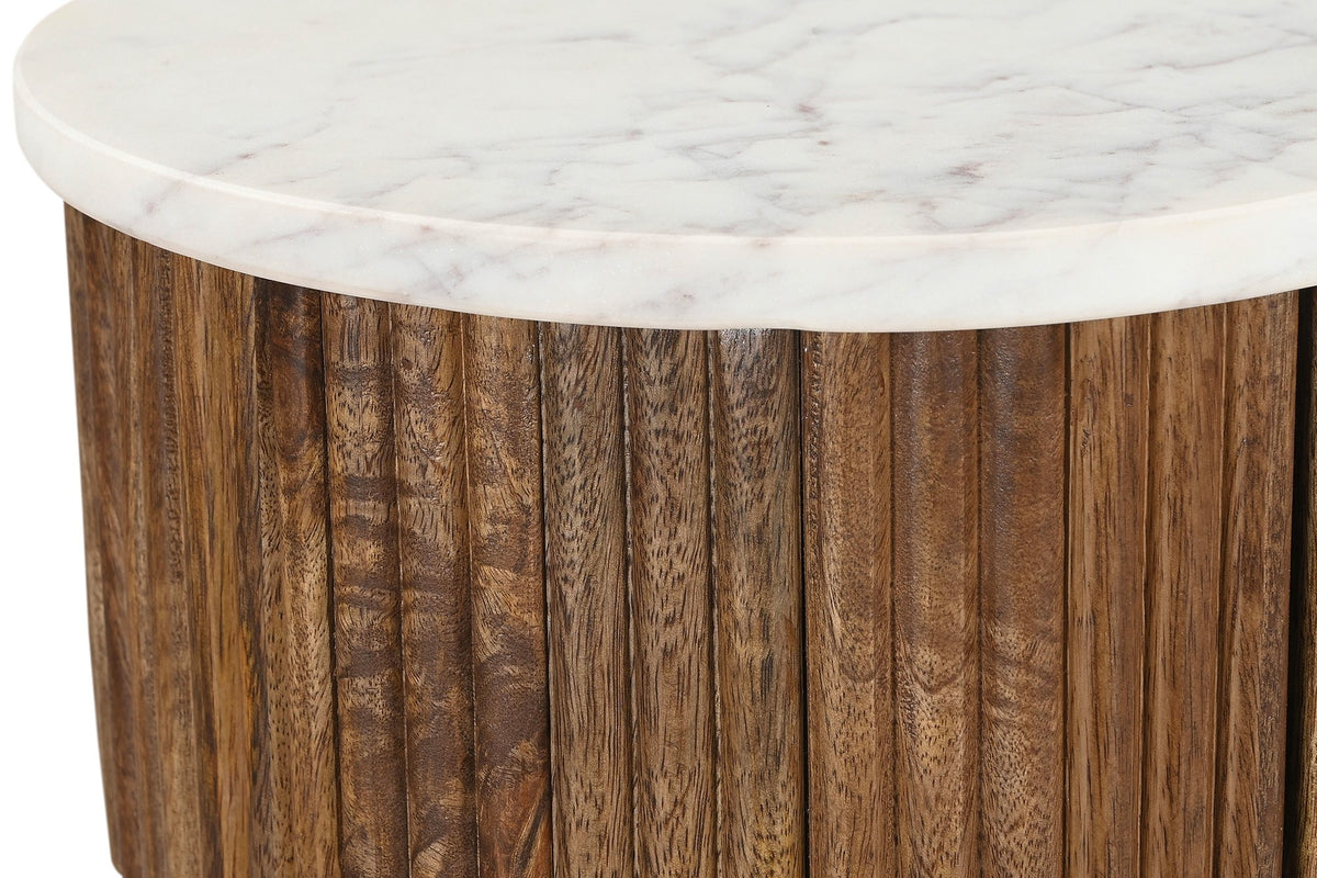 Close-up of Gideon walnut-finish reeded mango wood under the white marble top