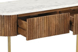 Close-up of an open Gideon walnut drawer on wooden slides