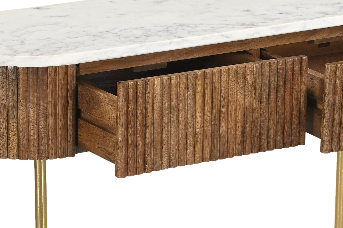 Close-up of an open Gideon walnut drawer on wooden slides