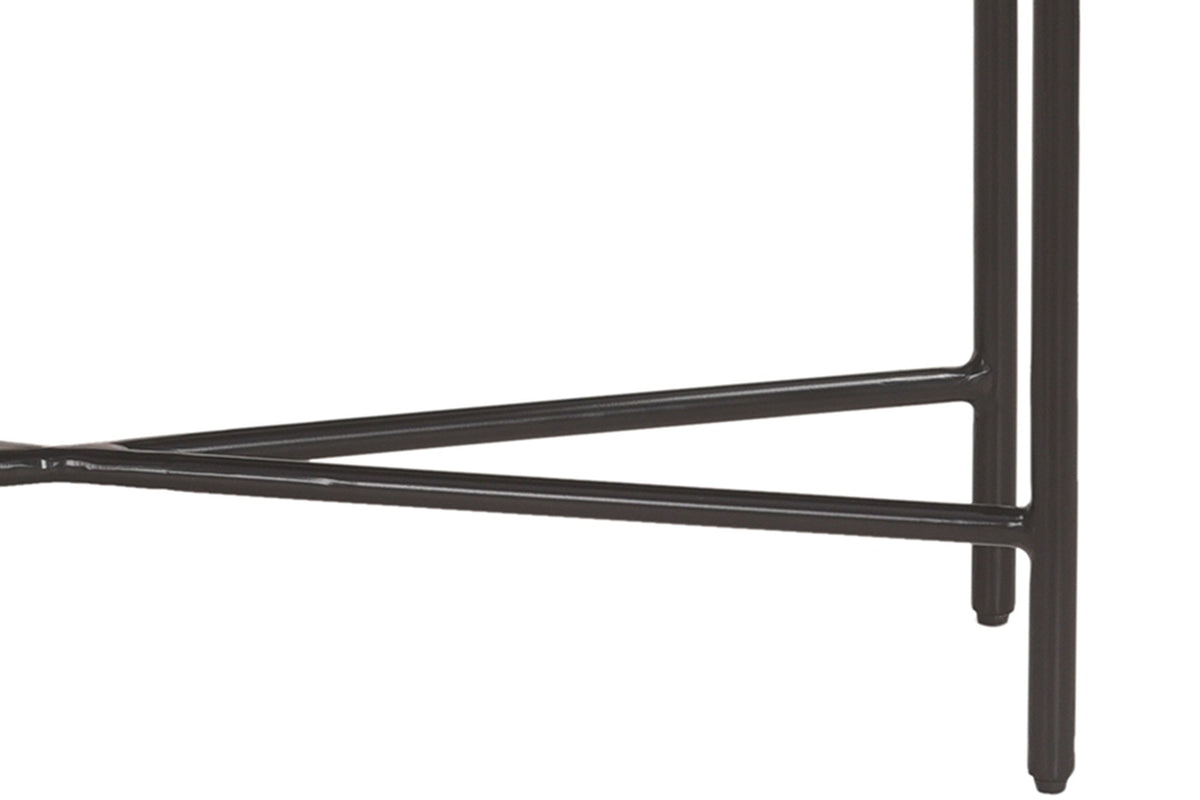 Close-up of the Gideon black wrought iron leg and X stretcher