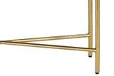 Close-up of the Gideon aged gold wrought iron leg and X stretcher