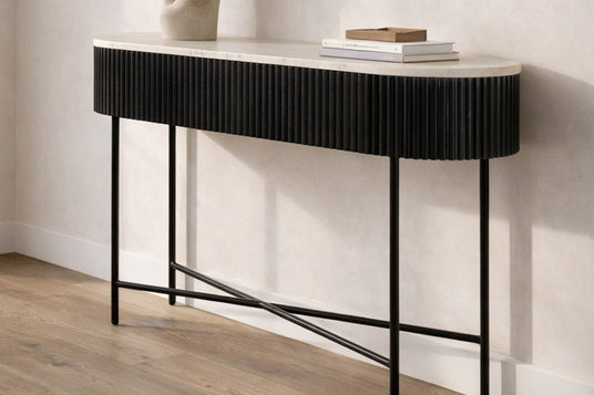 Gideon Marble Top Reeded Mango Wood Console Table - Two Finishes, One Silhouette