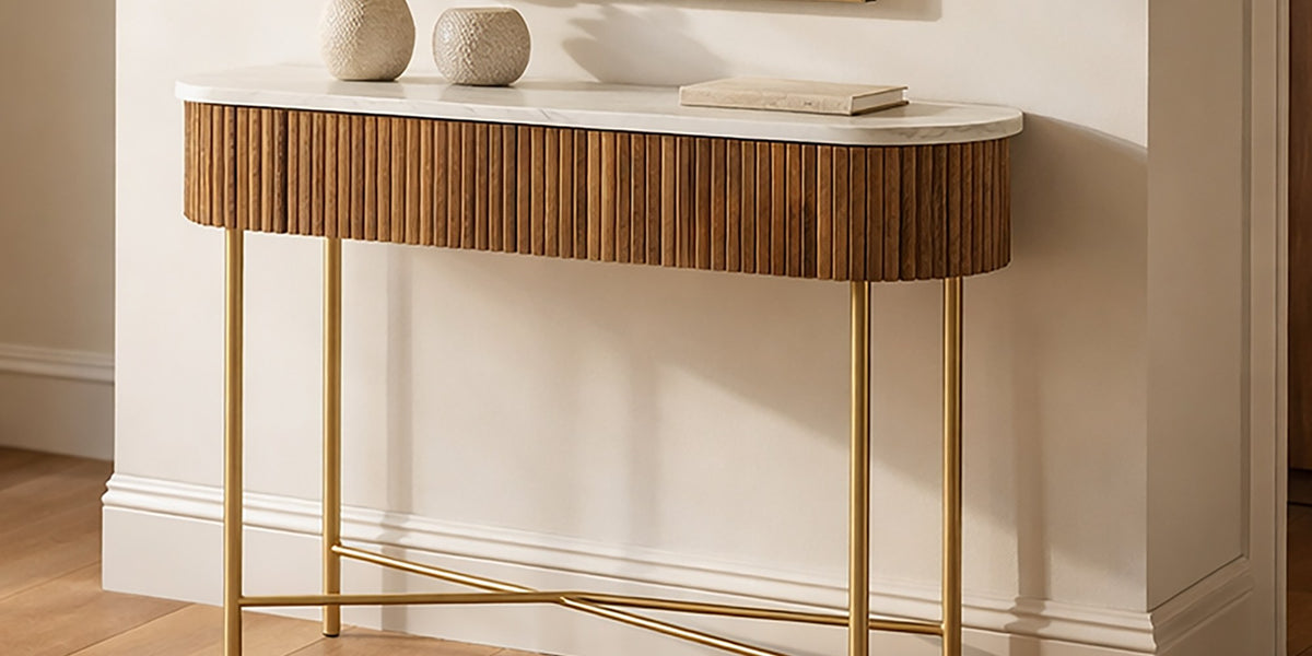 Gideon Marble Top Reeded Mango Wood Console Table