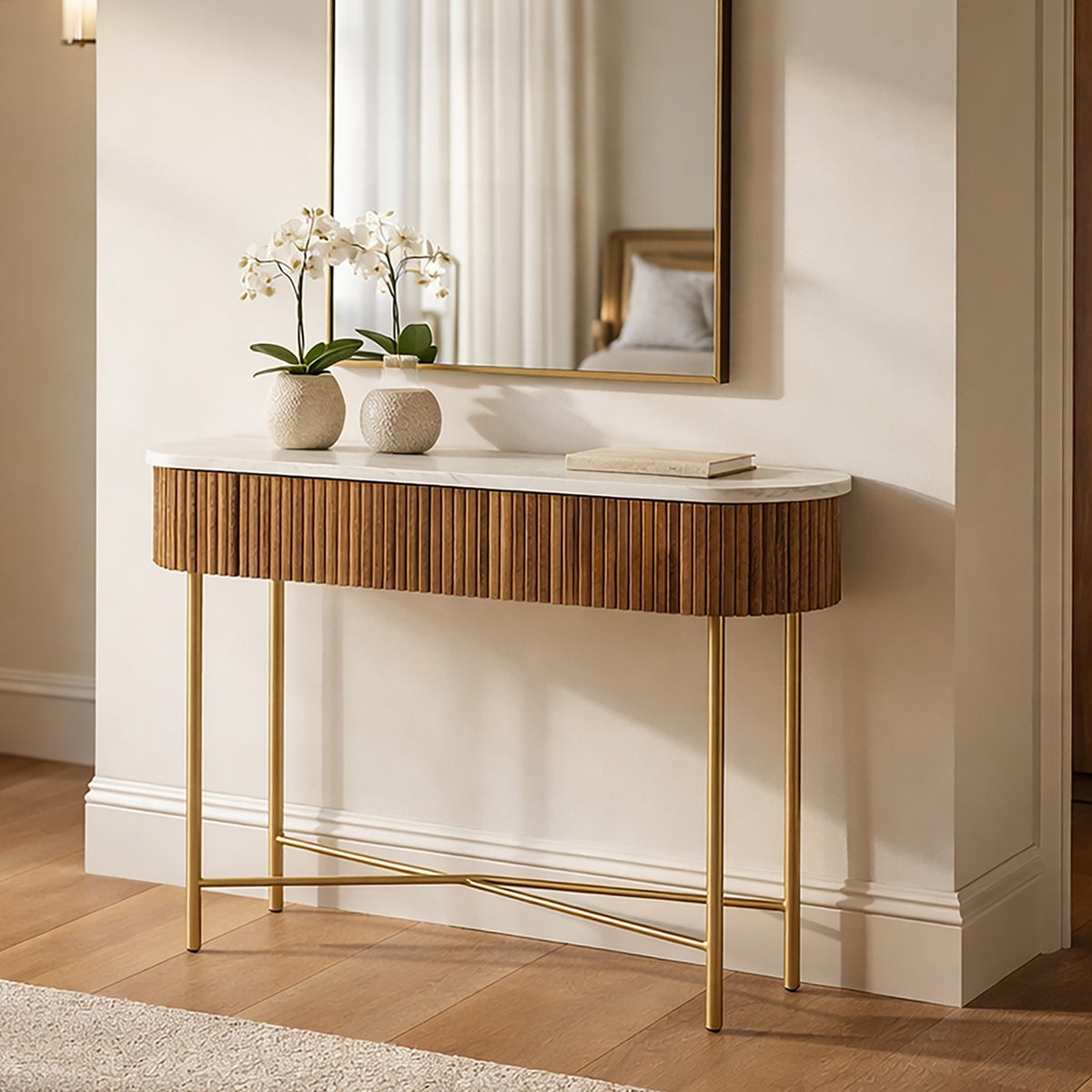 Gideon Marble Top Reeded Mango Wood Console Table
