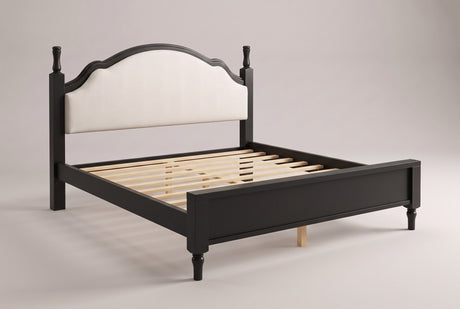 Gradara camelback bed with a black painted wood frame and beige linen-look upholstered headboard