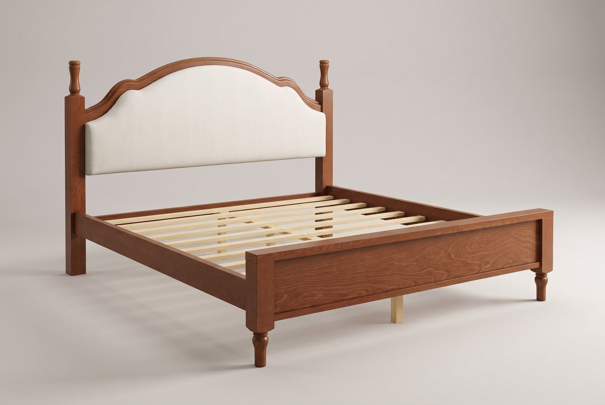 Gradara camelback bed with a brown wood frame and beige linen-look upholstered headboard