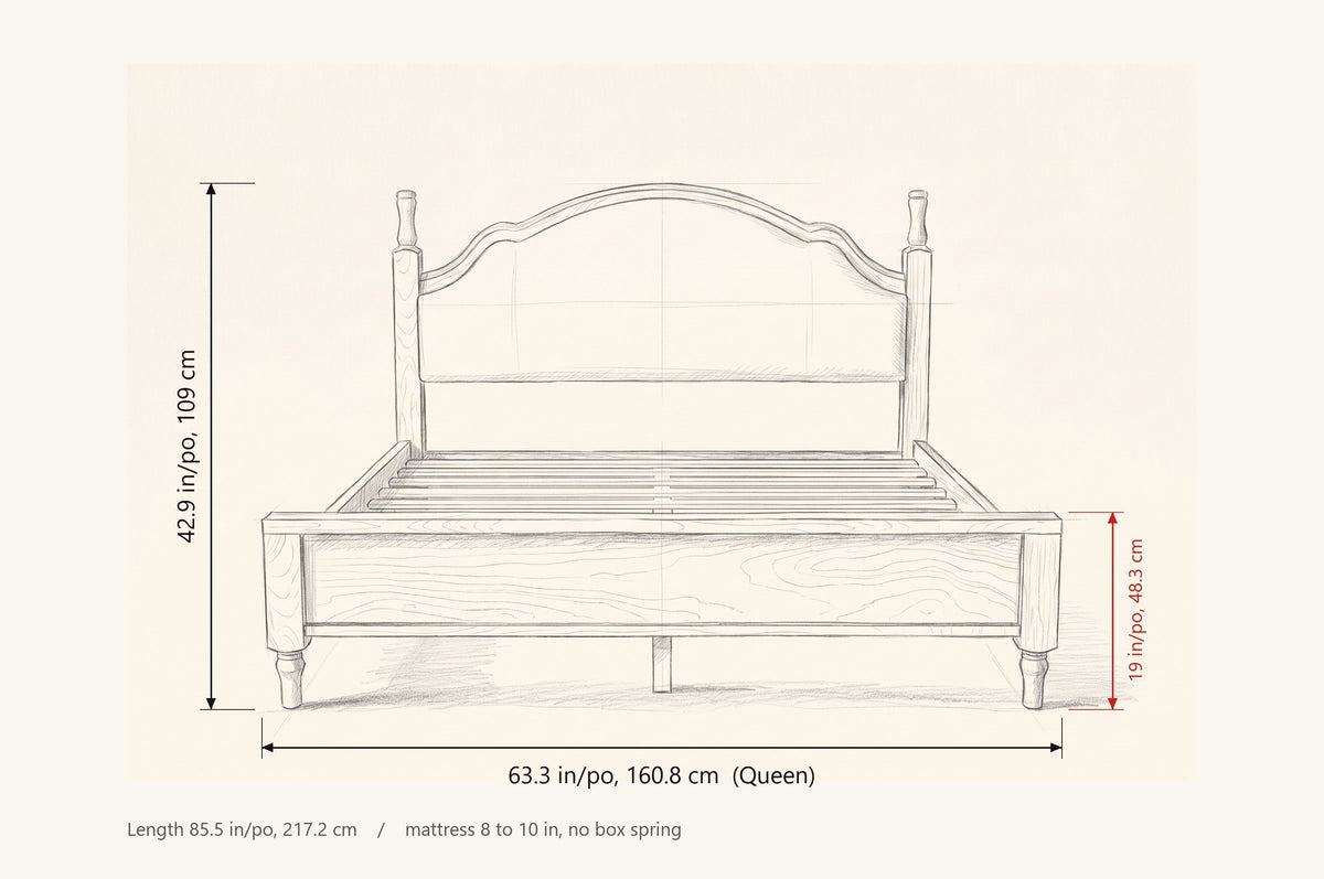 Gradara bed dimensions: Queen 63.3 in wide, 42.9 in high, footboard 19 in high, 85.5 in long
