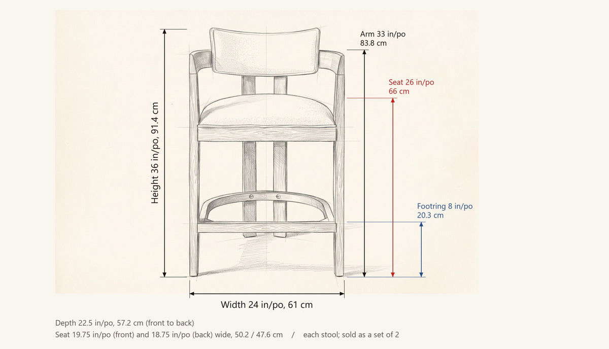 Gradisca dimensions: 24 in wide, 22.5 in deep, 36 in high, seat height 26 in, arm height 33 in, footring 8 in
