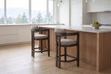 Two Gradisca counter stools in Espresso Taupe at a pale oak island in a bright Vancouver kitchen with mountain views