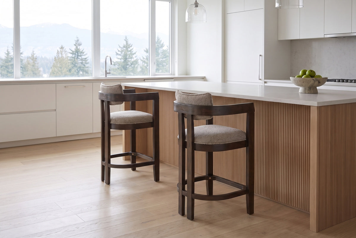 Two Gradisca counter stools in Espresso Taupe at a pale oak island in a bright Vancouver kitchen with mountain views