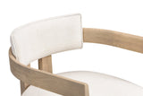 Close-up of the Gradisca floating back pad, the curved wooden rail and the piped seat in Natural Ash with ivory woven fabric