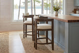 Two Gradisca counter stools at a butcher-block island in a Muskoka cottage kitchen with a window onto the lake