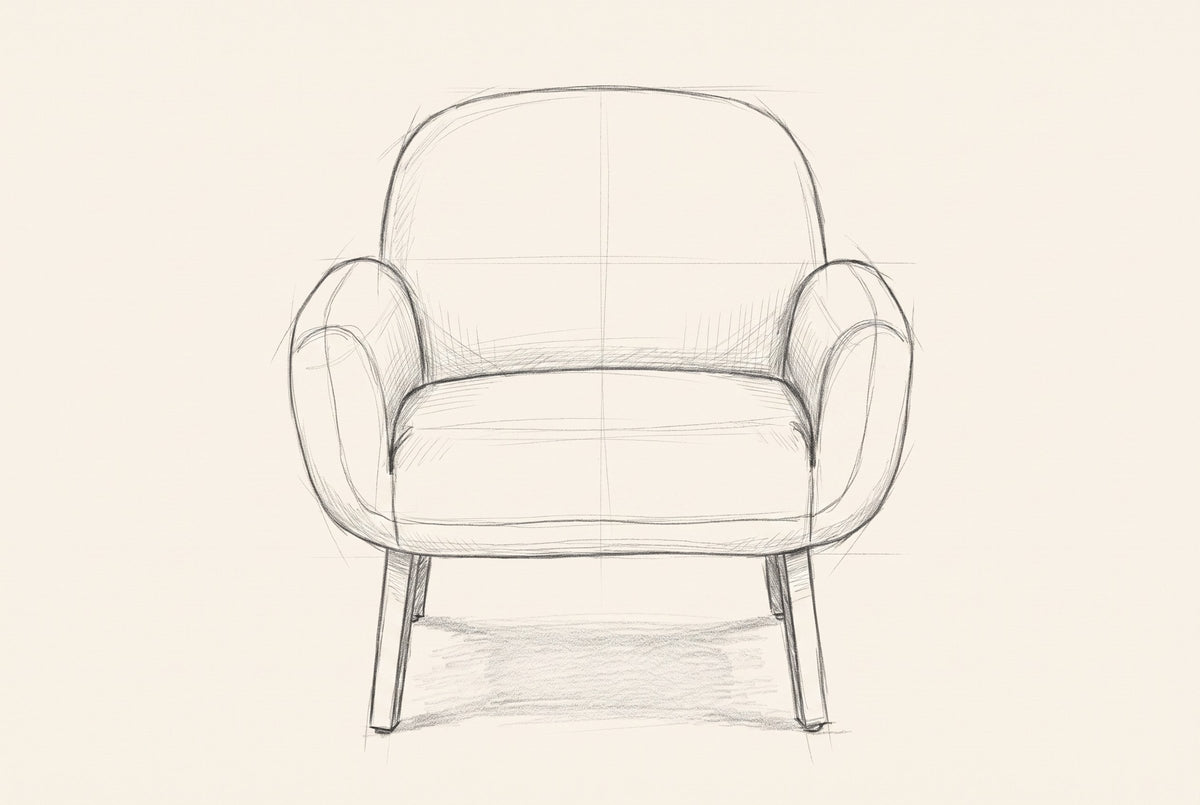Pencil drawing of the Grado chair traced from the front view