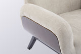 Close-up of the plump oat arm over the curved walnut-tone wood panel and its layered edge