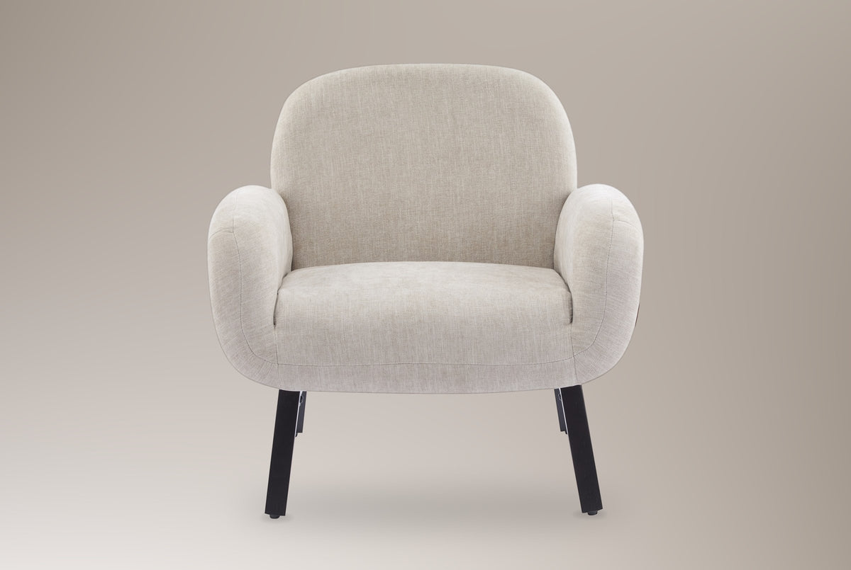 Grado accent chair in oat, straight front view: rounded back, two plump arms, four black legs