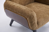 Close-up of the plump tan arm over the curved walnut-tone wood panel and its layered edge