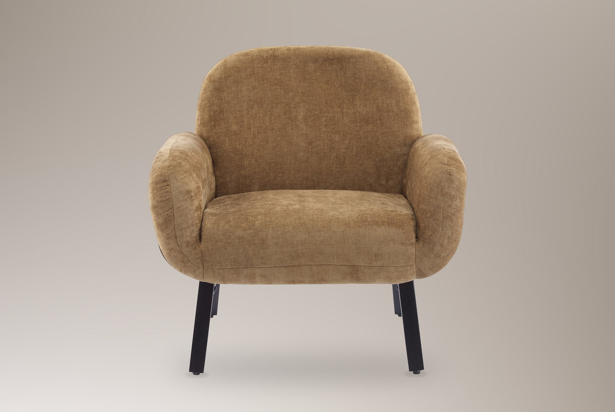 Grado accent chair in tan, straight front view: rounded back, two plump arms, four black legs