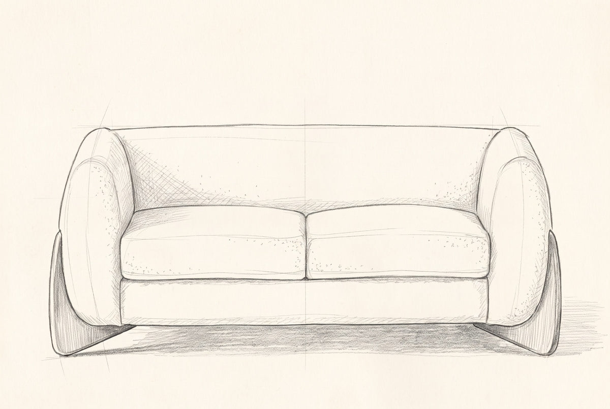 Pencil drawing of the Greccio loveseat traced from the front view