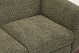Close-up of the olive green boucle seat cushion, the rounded arm and the back of the Greccio loveseat