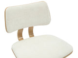 Close-up of the Gressoney seat and back: pale oatmeal woven fabric, the thin natural-finish wood rim and the two curved back supports
