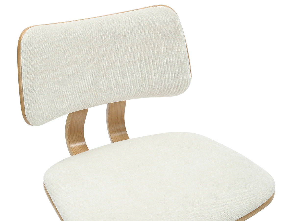Close-up of the Gressoney seat and back: pale oatmeal woven fabric, the thin natural-finish wood rim and the two curved back supports