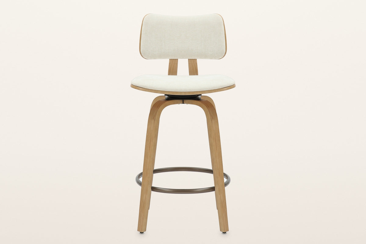 Gressoney counter stool in Beige / Natural, straight front view: the padded fabric back cushion on its curved oak-finish panel, the two back supports, the seat, four bent legs and the round footrest