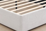 Close-up of the Greve base corner in beige chenille, with the wood slats and the metal centre rail inside
