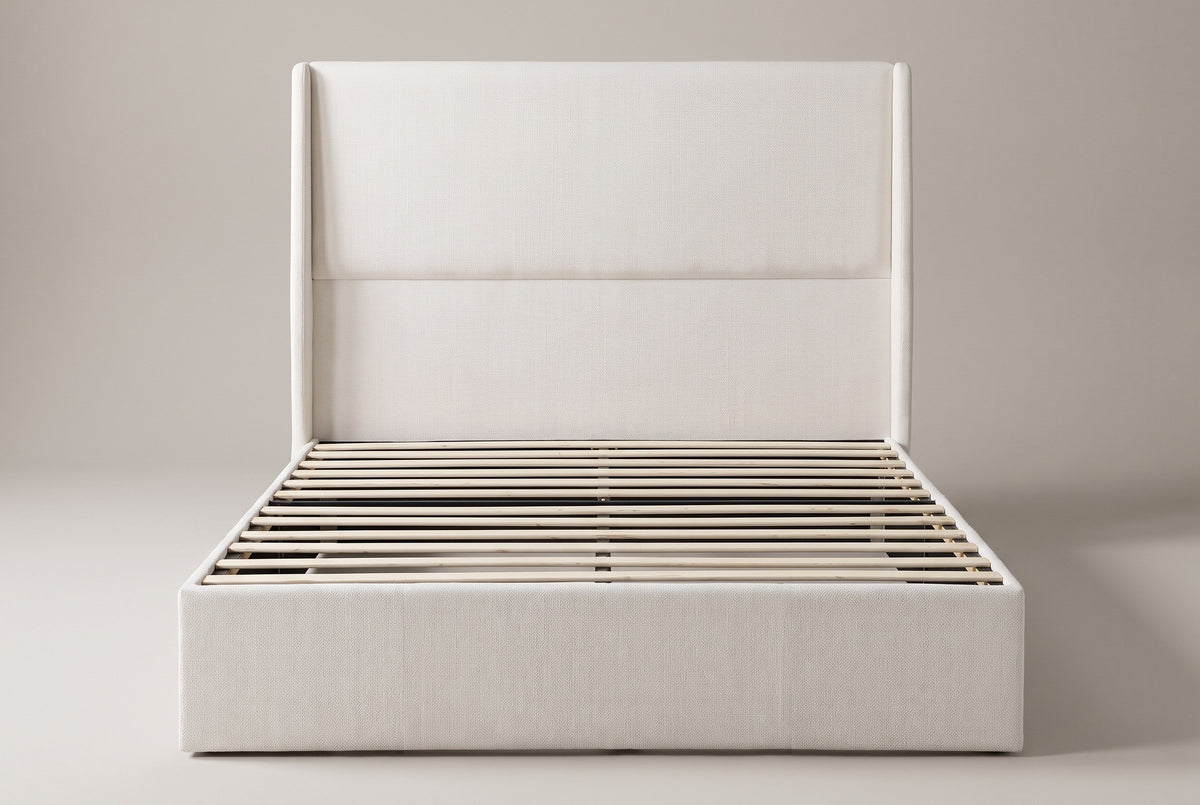 Greve wingback bed in beige chenille, straight front view: tall headboard with one channel