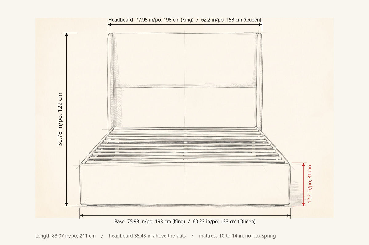 Greve bed dimensions: headboard 77.95 in wide (King) or 62.2 in (Queen), base 75.98 or 60.23 in, 50.78 in high, base 12.2