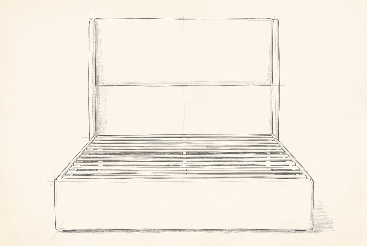 Pencil drawing of the Greve wingback bed traced from the front view