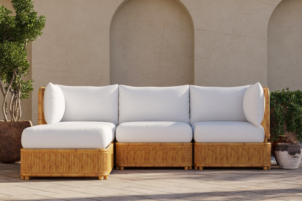 Giulia Farbric and Rattan Frame Three Seats with Left Chaise Sectional Sofa, Beige