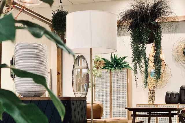 Hadrian Brass and Reeded Wood Floor Lamp - Cotton Drum Shade
