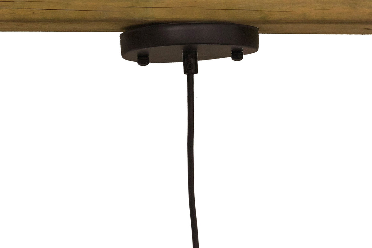 Halden pendant black ceiling canopy mounted to a wood beam with black cord