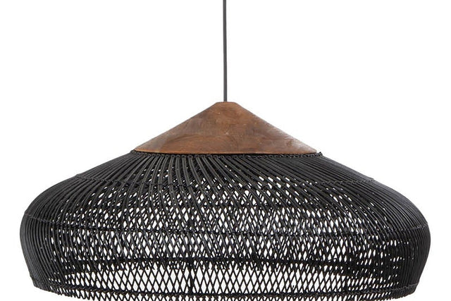 Halden Black Rattan and Reclaimed Teak Pendant Light - Reclaimed Teak Cap