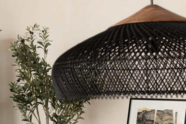 Halden Black Rattan and Reclaimed Teak Pendant Light - Handwoven Black Rattan