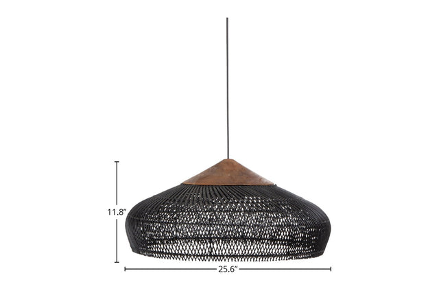 Halden Black Rattan and Reclaimed Teak Pendant Light - Broad 25.6-Inch Shade