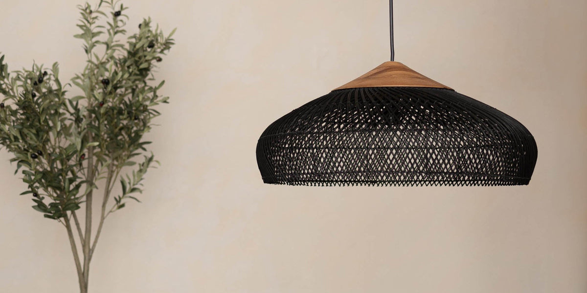 Halden Black Rattan and Reclaimed Teak Pendant Light