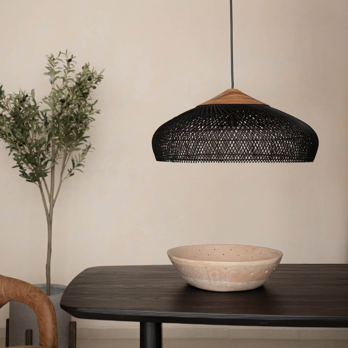 Halden Black Rattan and Reclaimed Teak Pendant Light