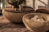 Halden coffee table with the teak top lifted off to show a blanket stored inside