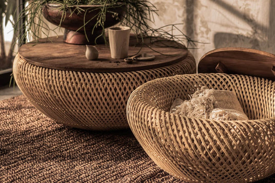 Halden Reclaimed Teak and Rattan Round Coffee Table - Storage Under the Lid