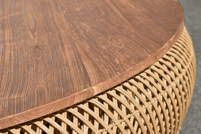 Halden Reclaimed Teak and Rattan Round Coffee Table - Reclaimed Teak Top