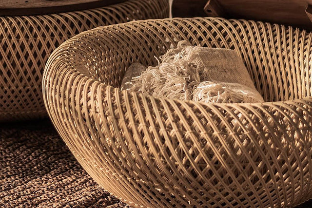 Halden Reclaimed Teak and Rattan Round Coffee Table - Hidden Storage Inside