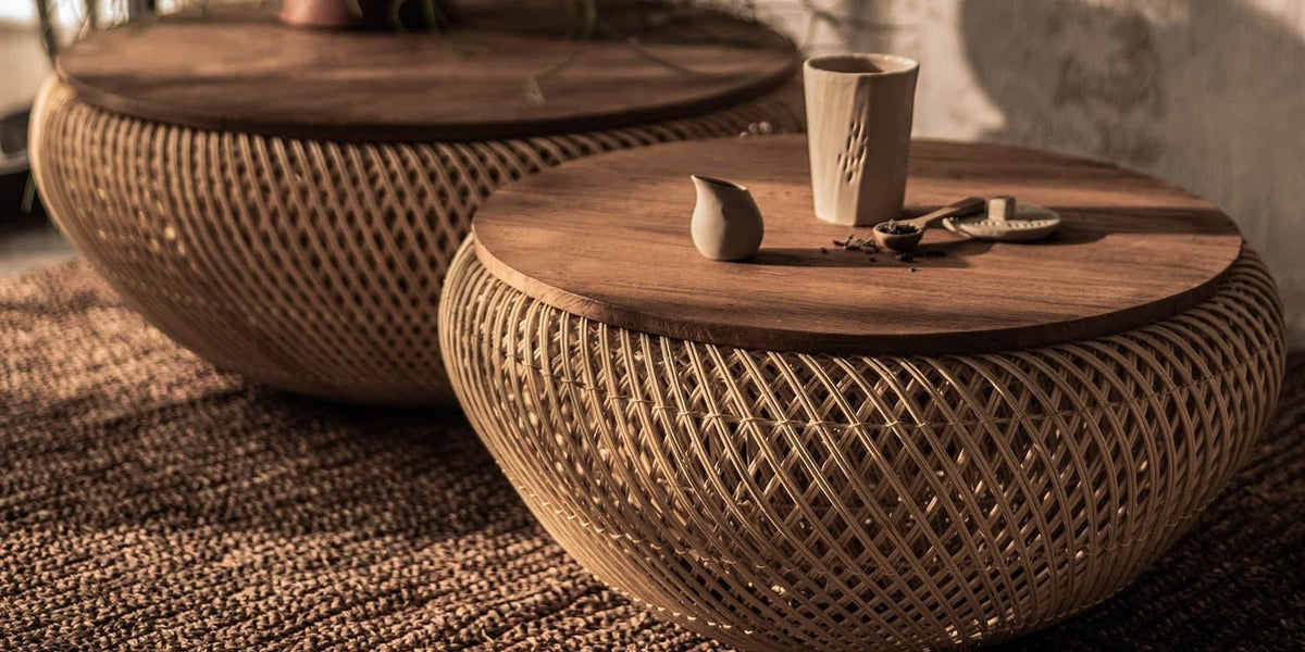 Halden Reclaimed Teak and Rattan Round Coffee Table