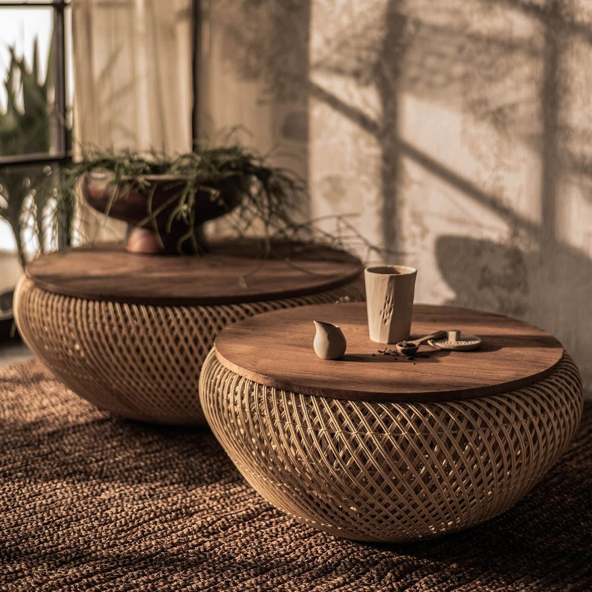 Halden Reclaimed Teak and Rattan Round Coffee Table
