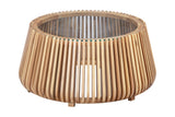 Hartley round acacia and glass coffee table with slatted drum base, three-quarter view