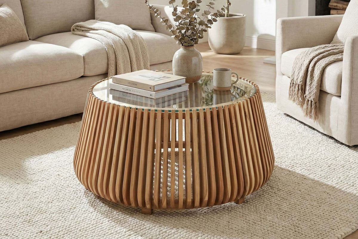 Hartley slatted wood coffee table on a jute rug in a cream living room
